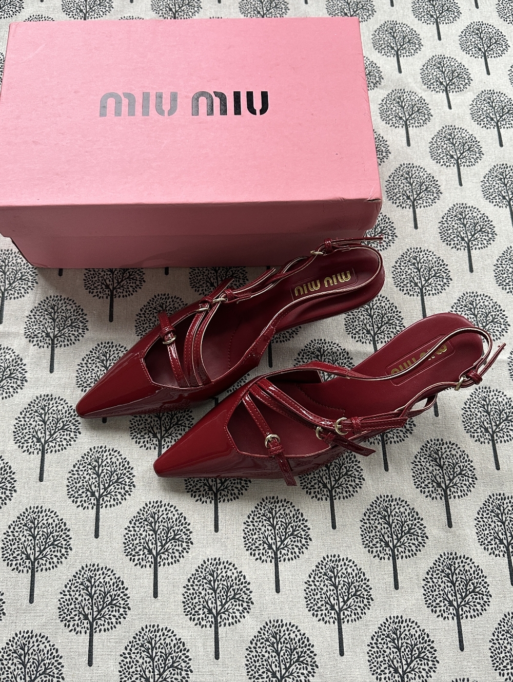 Miu Miu Burgundy Patent Leather Pointed-Toe Mary Jane High-Heel Sandals
